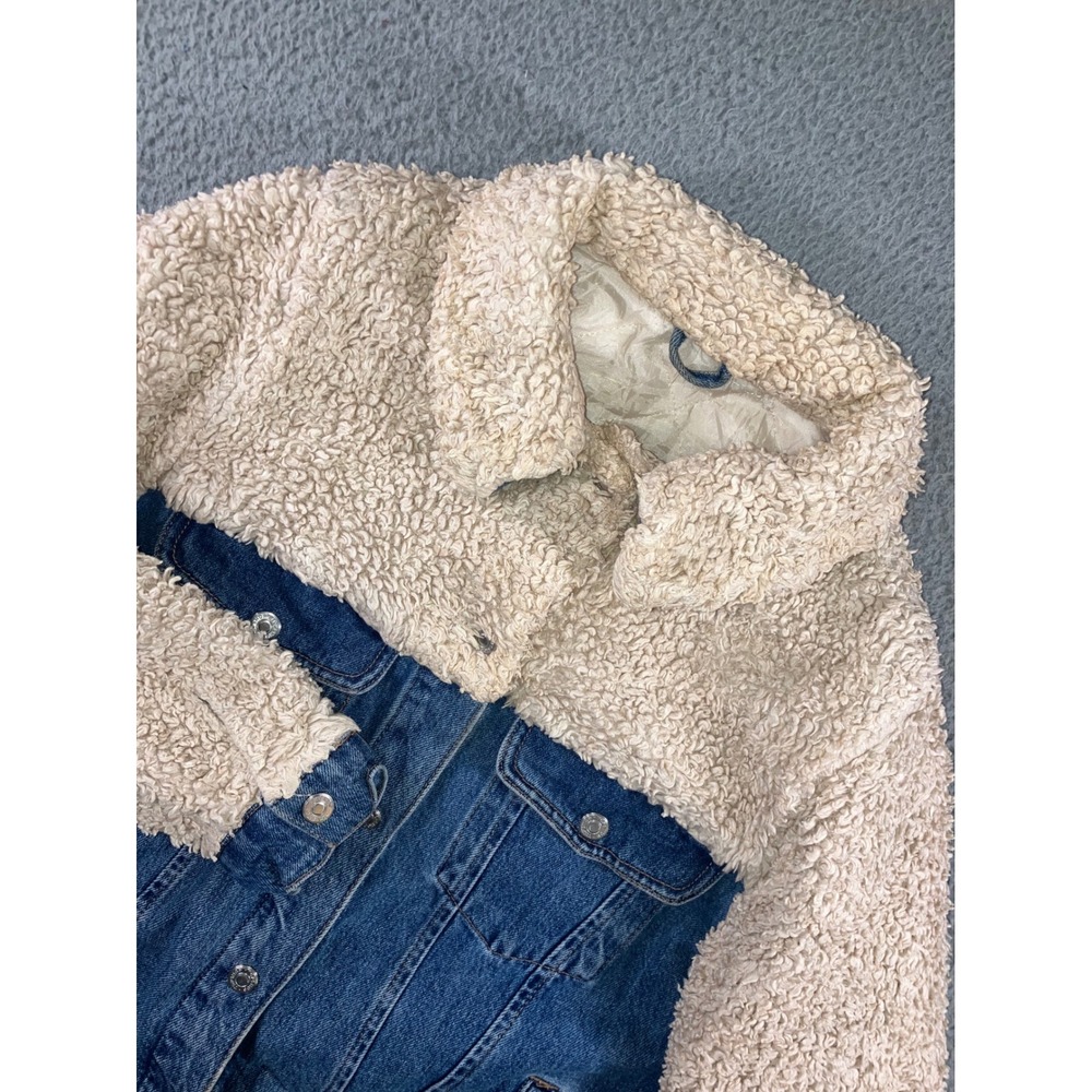 Topshop Denim Jacket Womens 6 Small Blue Cream Borg Fleece Mixed Media Trucker
